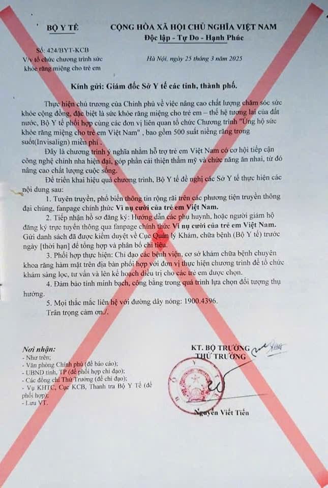 Bộ Y tế cảnh báo công văn giả mạo về chương trình chăm sóc răng miệng trẻ em
