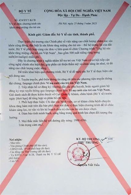 Bộ Y tế cảnh báo công văn giả mạo về chương trình chăm sóc răng miệng trẻ em